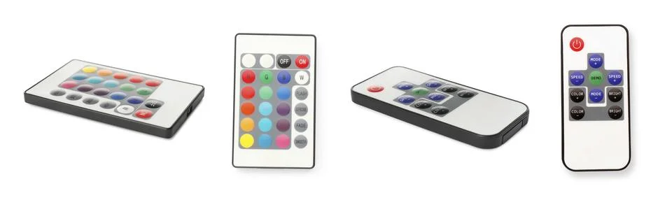 Collage of different remote controllers on white background, top and side vie Stock Photos