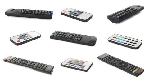Collage of different remote controllers on white background Stock Photos