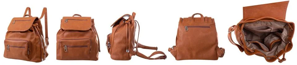 Collage of different sides  of the same dark orange backpack isolated on whit Stock Photos