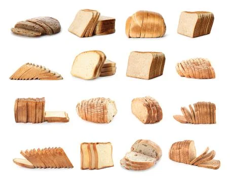 Collage with different sliced bread on white background Foto stock
