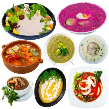 Collage of different soups isolated Stock Photos