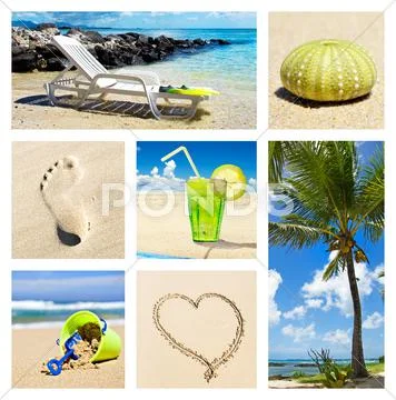 Collage of different summer beach holiday scenes Stock Photos