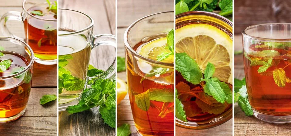 Collage of different tea with lemon amd mint Stock Photos