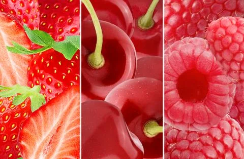 Collage from different type of organic red berryes fruits Stock Photos