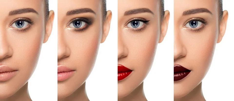 Collage different types of makeup on one woman face Фото