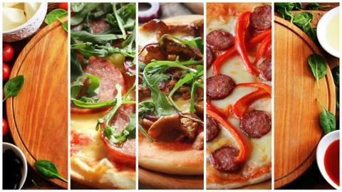 Collage with different types of pizza Stock Photos
