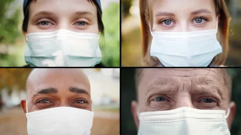 Collage of diverse faces people in protective face masks. People of different Stock Footage 141612792