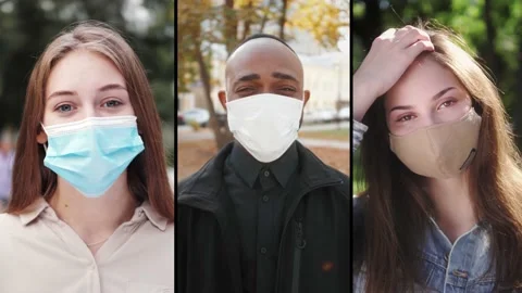 Collage of diverse multiethnic multinational group people in protective medical Stock Footage 141539642
