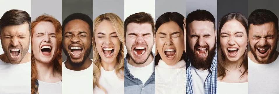 Collage of diverse multiracial angry people screaming Stock Photos