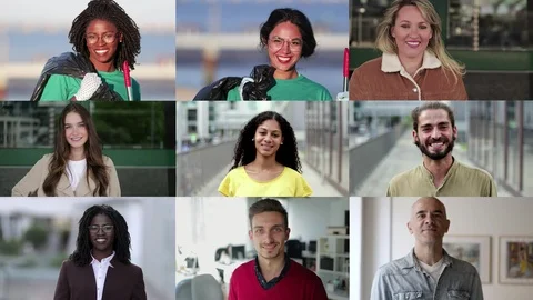 Collage of diverse people looking at camera Stock Footage 121915003
