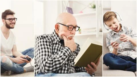 Collage of diverse people using digital devices Stock Photos