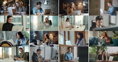 Collage of diverse people using laptops. Successful business people working on Stock Footage
