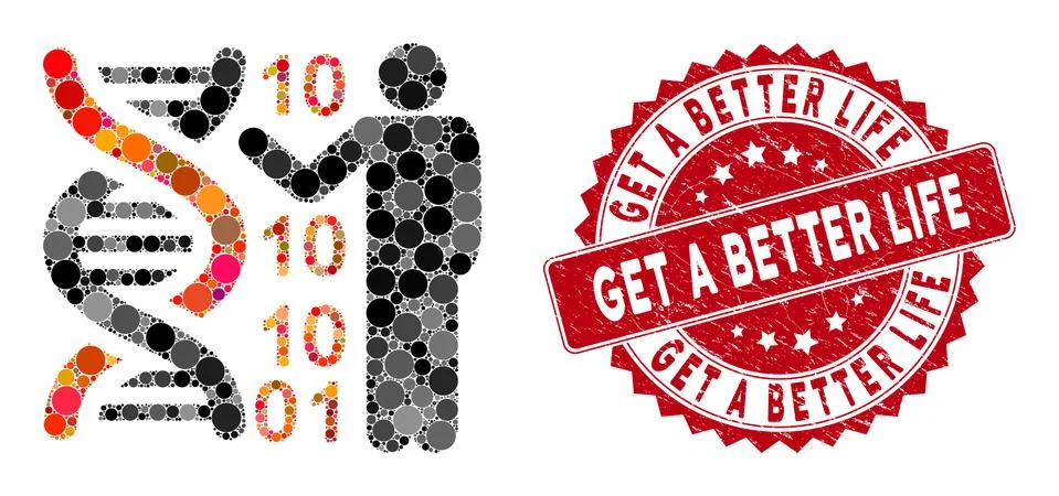 Collage DNA Code Report with Grunge Get a Better Life Stamp Stock Illustration