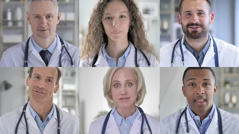 Collage of Doctors Talking for Video Chat Stock Footage 114990442