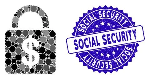 Collage Dollar Lock Icon with Textured Social Security Seal 스톡 일러스트