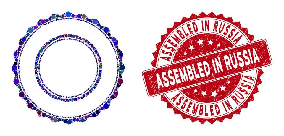 Collage Double Rosette Circular Frame with Grunge Assembled in Russia Seal Stock Illustration