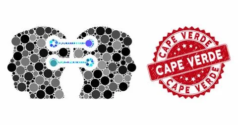 Collage Dual Heads Interface Connection with Textured Cape Verde Stamp Illustrazione stock