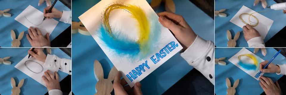 Collage of EASTER egg made of rope and feathers Sustainable preparation Diy Stock Photos