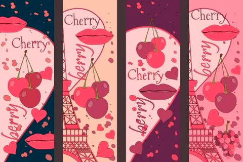 Collage from the Eiffel Tower, a cherry and a kiss Stock Illustration