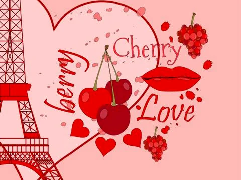 Collage from the Eiffel Tower, a cherry and a kiss Stock-Illustration