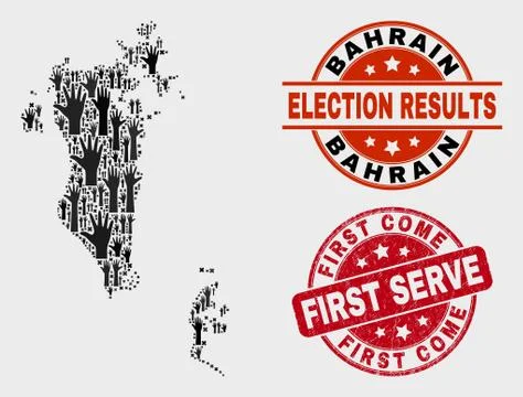 Collage of Election Bahrain Map and Grunge First Come First Serve Seal Stock Illustration