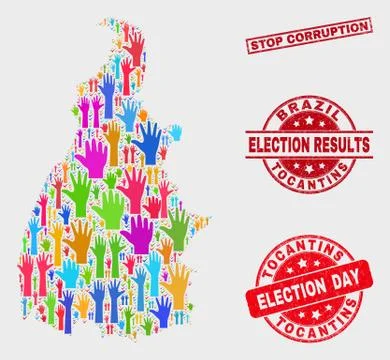 Collage of Electoral Tocantins State Map and Scratched Stop Corruption Stamp Stock Illustration