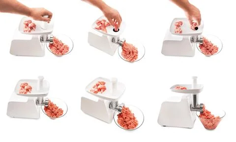 Collage of electric meat grinder processing raw fresh meat into mince isola.. Stock Photos