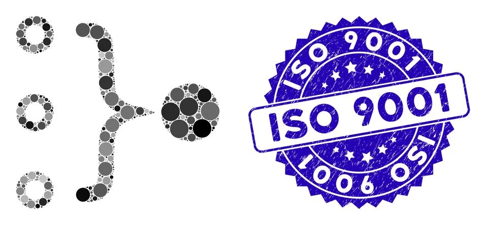 Collage Element Aggregation Icon with Textured ISO 9001 Stamp Stock Illustration