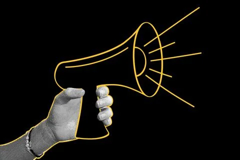 Collage element with hand holding megaphone and doodle elements. Vintage vector Stock Illustration