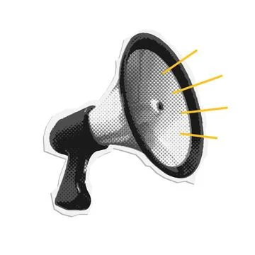 Collage element for message with loudspeaker with doodle sound decor. Torn out Ilustración de archivo