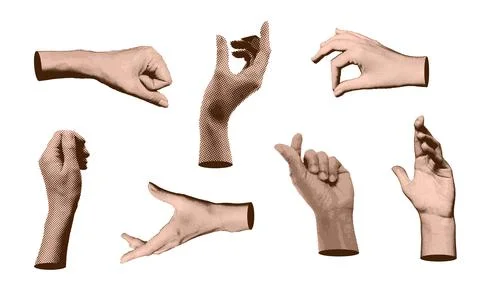 Collage element set with halftone hands. Different ways to hold something Stock Illustration