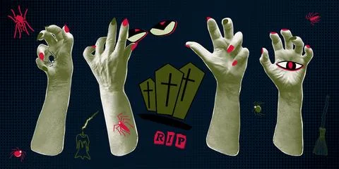 Collage elements hand palm, pumpkin, eyes, ghosts, graves Stock Illustration