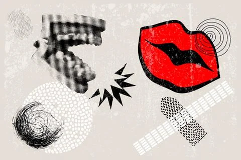 Collage elements with lips and mouth with tongue, doodle elements. Vintage Stock Illustration