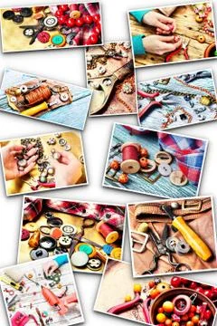 Collage with elements for needlework Foto stock