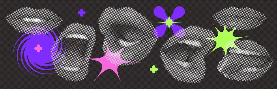 Collage elements set with mouth with teeth, tongue, smile and y2k neon geometric Illustrazione stock