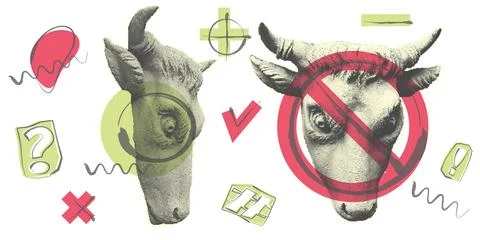 Collage elements with statue head of bull or cow and doodle Stock Illustration