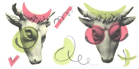 Collage elements with statue head of bull or cow and doodle イラスト素材