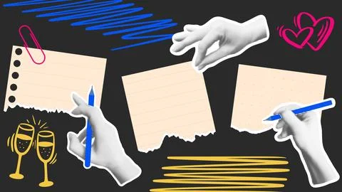Collage with elements of torn paper and hands in halftone style Stock Illustration