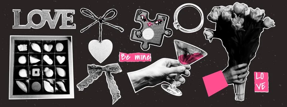 Collage elements for Valentine's Day. Flower, ring, puzzles, bow, heart, gl.. Stockillustratie