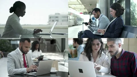 Collage of employees checking project via laptop Stock Footage 132941299