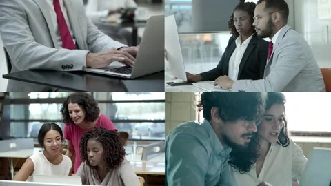 Collage of employees discussing project with client Stock Footage 132942495