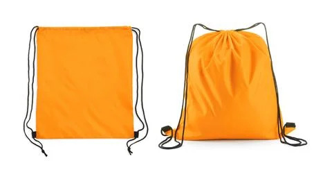 Collage of empty and filled orange drawstring bag isolated on white Stock Photos