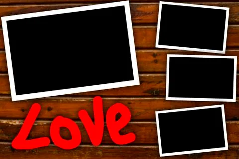 Collage, empty frames on the wooden background Stock Photos