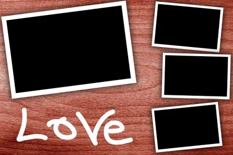 Collage, empty frames on the wooden background Stock Photos
