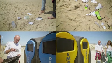 Collage of environment-friendly couple collecting, sorting trash Stock Footage 107793659
