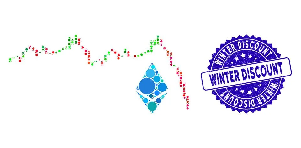 Collage Ethereum Falling Chart Icon with Scratched Winter Discount Stamp Stock Illustration