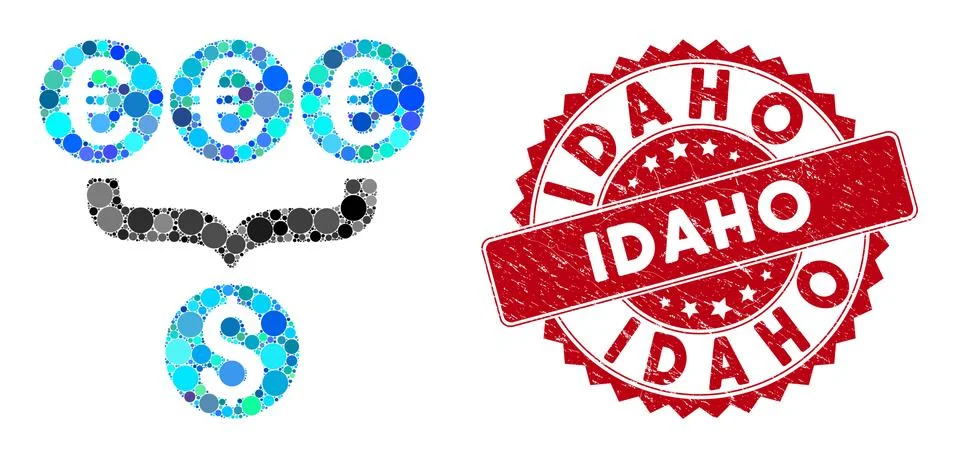 Collage Euro Dollar Conversion Aggregator with Grunge Idaho Seal Stock Illustration