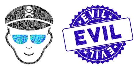 Collage Evil Soldier Face Icon with Textured Evil Seal Stock Illustration