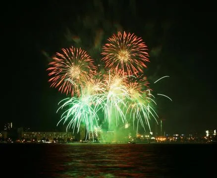 A collage of exploding fireworks Stockfoto's
