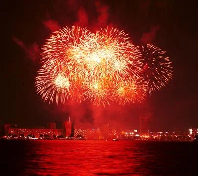 A collage of exploding fireworks Stockfoto's